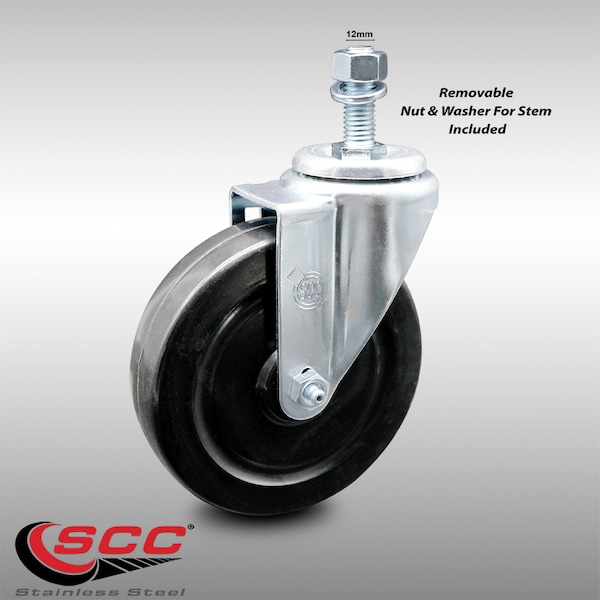 5 Inch SS Hard Rubber Wheel Swivel 12mm Threaded Stem Caster